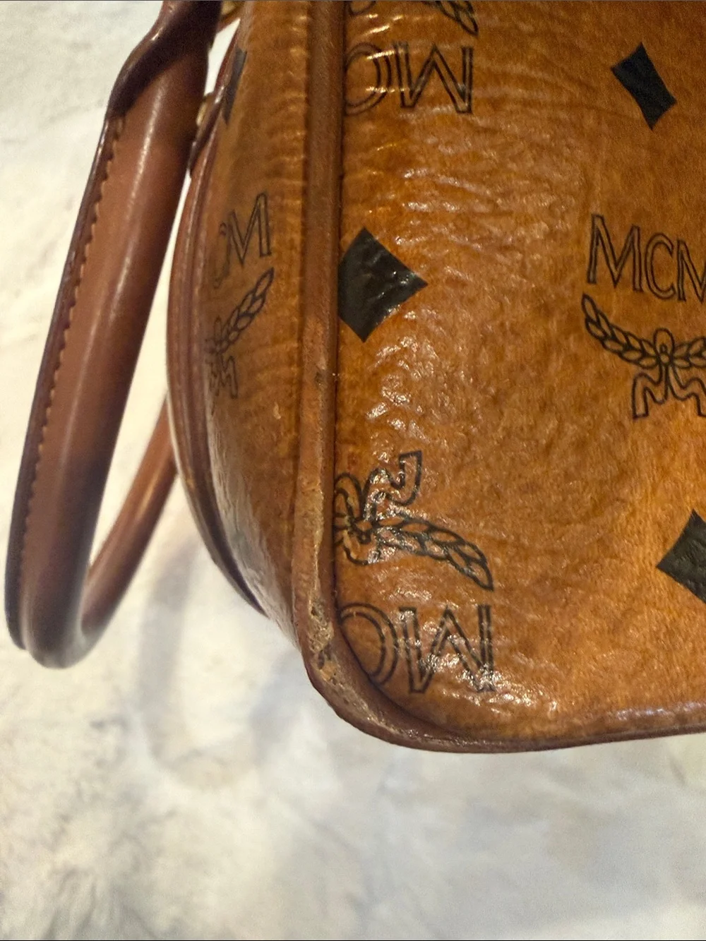 MCM Cognac Monogram Visetos Satchel with Gold Charms
